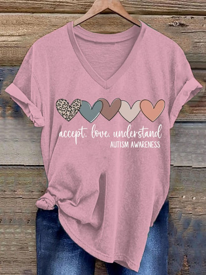 Women's Accept. Love Understand Autism Awareness Printed Short-Sleeved T-Shirt