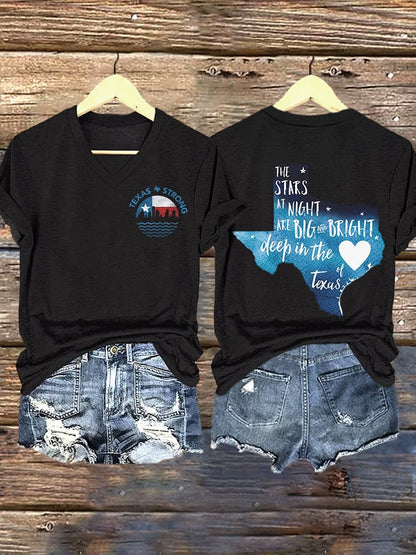 V-Neck Retro Texas Strong The Stars At Night Are Big And Bright Deep In The Heart Of Texas Print T-Shirt