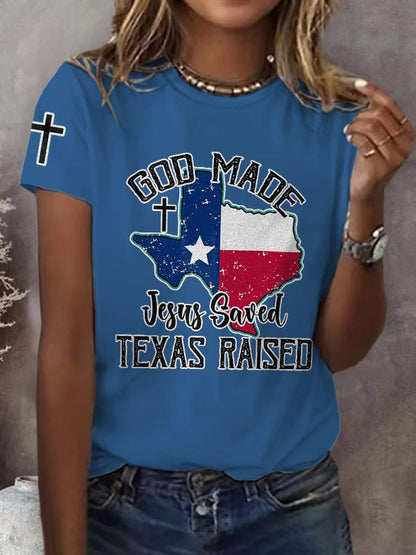 Retro Texas Strong God Made Jesus Saved Texas Print T-Shirt