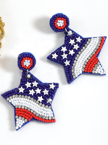 Independence Day Creative Five-Pointed Star Diamond And Rice Bead Earrings