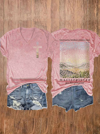 Women'S God Turns Broken Pieces Into Masterpieces Printed Casual T-Shirt