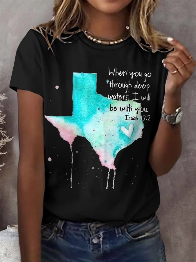 Retro Texas Strong When You Go Through Deep Waters, I Will Be With You. Isaiah 43:2 Print T-Shirt