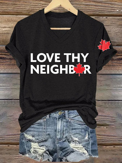V-Neck Retro Love Thy Neighbor Canada Print T-Shirt