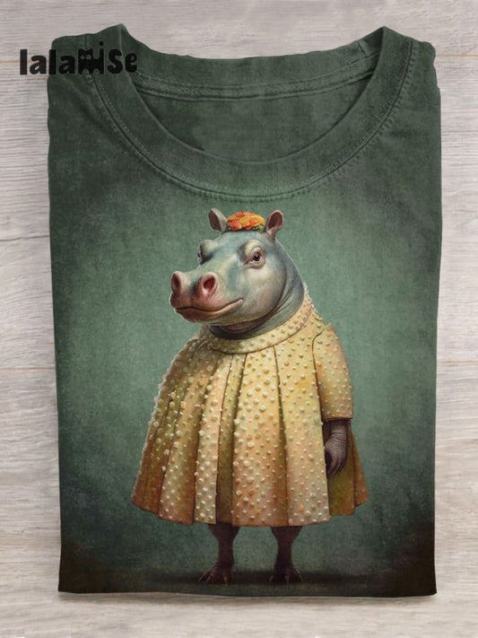 Funny Hippo Cute Lady Hippopotamus Art Pattern Print Casual T-shirt