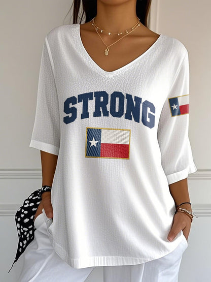 V-Neck Retro Texas Strong Print T-Shirt