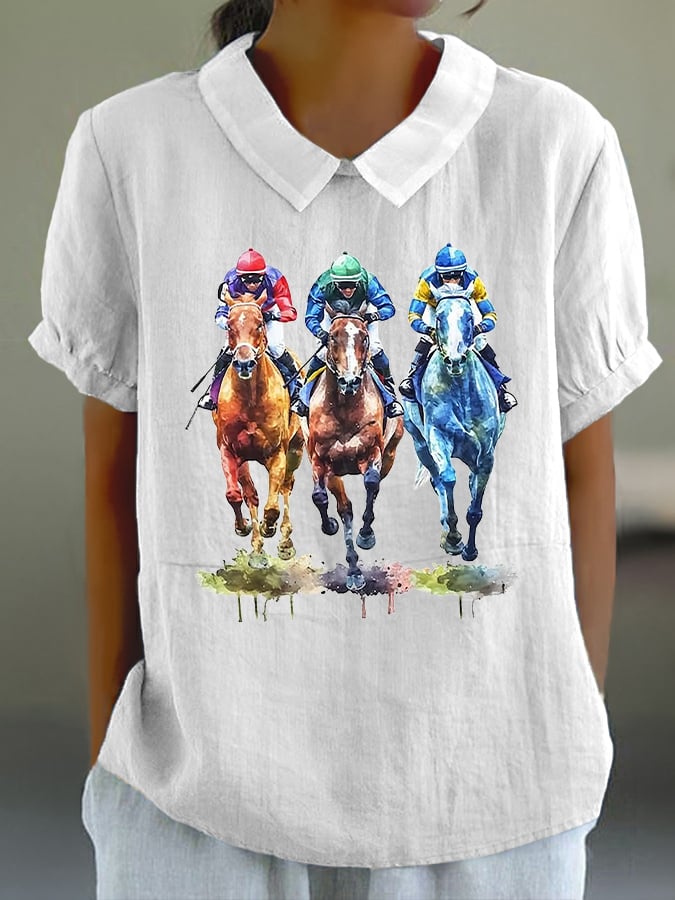 Women's Horse Racing Printed Doll Collar Casual Shirt