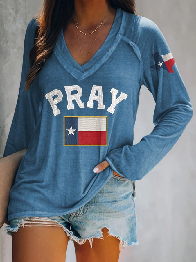V-neck Retro Pray For Texas Texas Strong Print T-Shirt