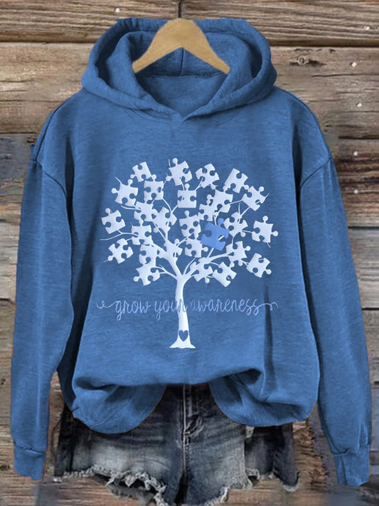Women's Grow Your Awareness Tree of Life Autism Printed Hooded Sweatshirt