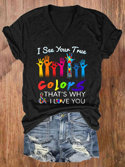 V-neck Autism Awareness I See Your True Colors Hands Print T-Shirt