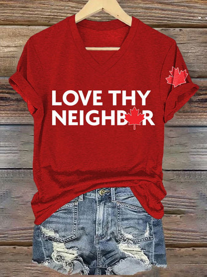 V-Neck Retro Love Thy Neighbor Canada Print T-Shirt
