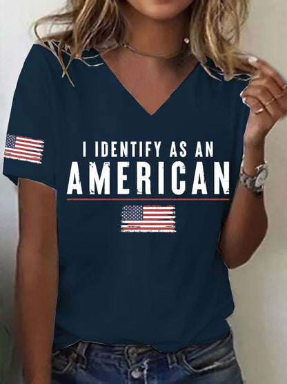 Women's I Identify As An American Print V Neck T-shirt