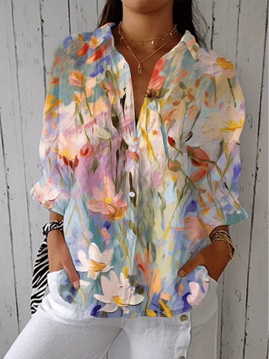 Women's Vintage Oil Painting Floral Print Design Lapel Shirt