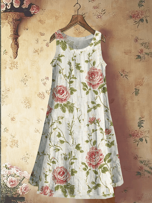 Women's Vintage Botanical Floral Print Linen Blend Tank Dress