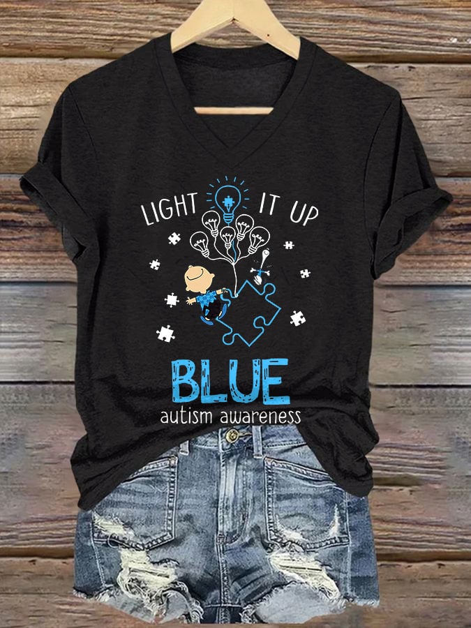 V-neck Retro Autism Awareness Light It Up Blue Print T-Shirt