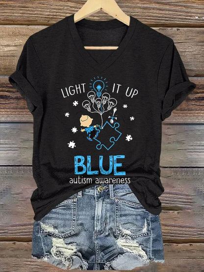 V-neck Retro Autism Awareness Light It Up Blue Print T-Shirt