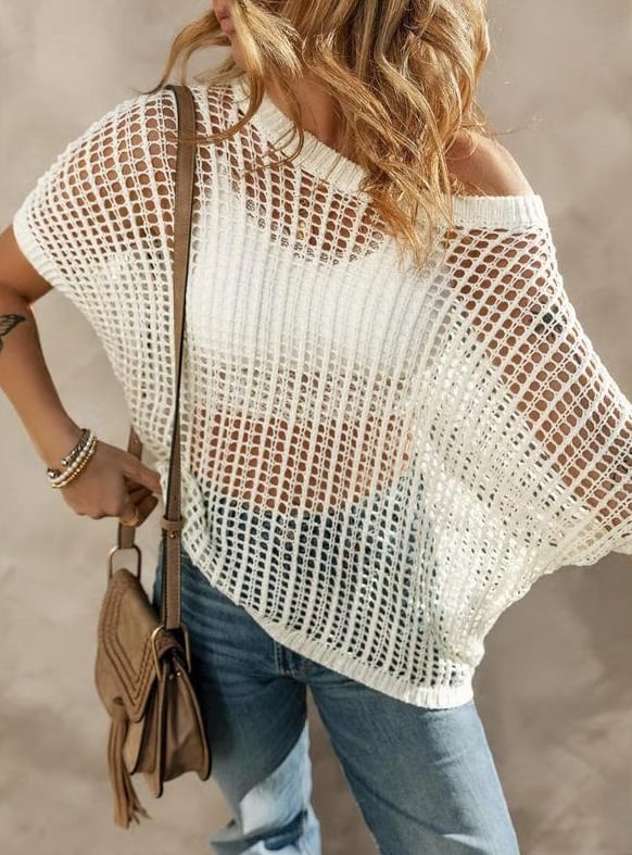🎁2025 New Hot Sale - Womens Summer Scoop Neck Short Sleeve Sweater Casual Crochet Hollow Out Knit Tops Pullover Shirts Beach Coverup