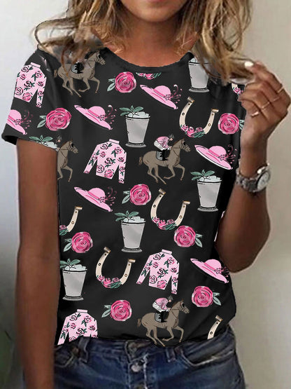 Women's Derby Horse painting print crew neck T-shirt