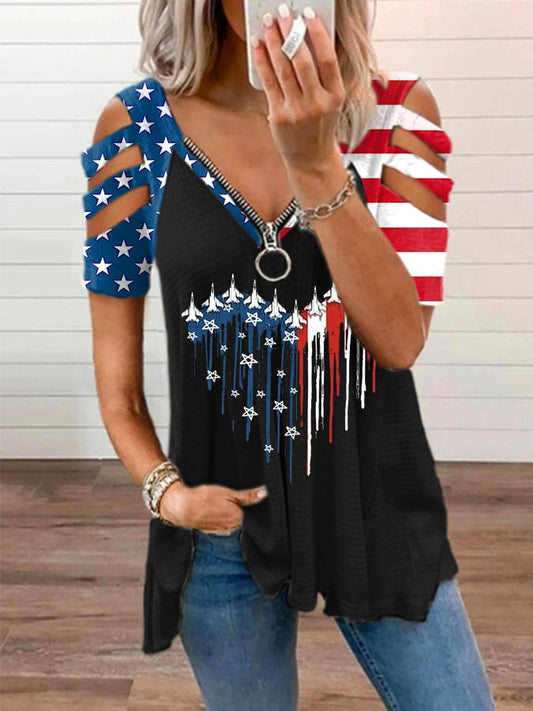 🔥Last Day 49% Off🔥Women's Flag Printed V-Neck Zipper Casual T-Shirt