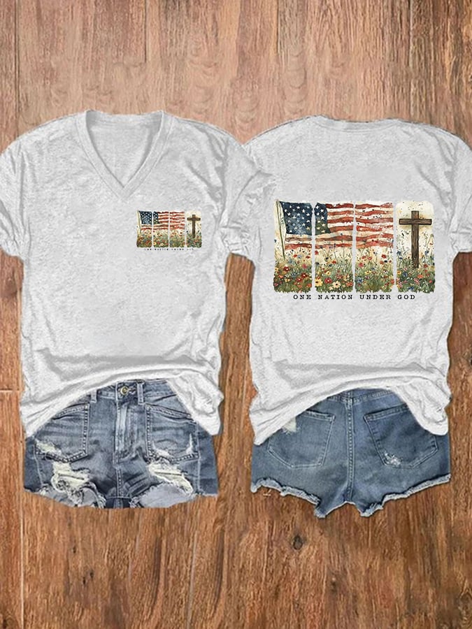 Women'S Casual One Nation Under God Faith Graphic Print Short Sleeve T-Shirt