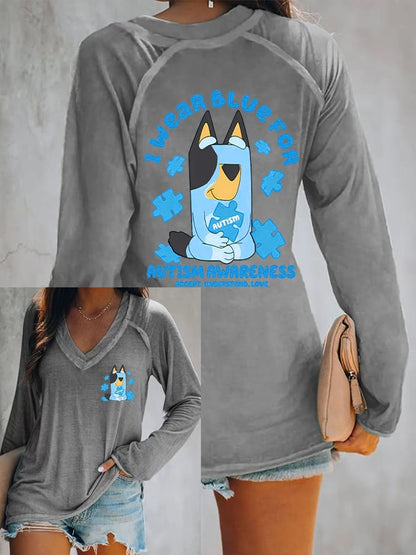 V-neck Retro Autism Awareness I Wear Blue For Autism Print T-Shirt