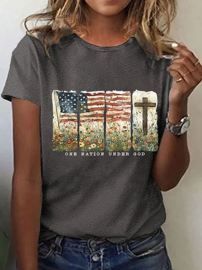 Women'S Casual One Country Under God Faith Graphic Print Short Sleeve T-Shirt