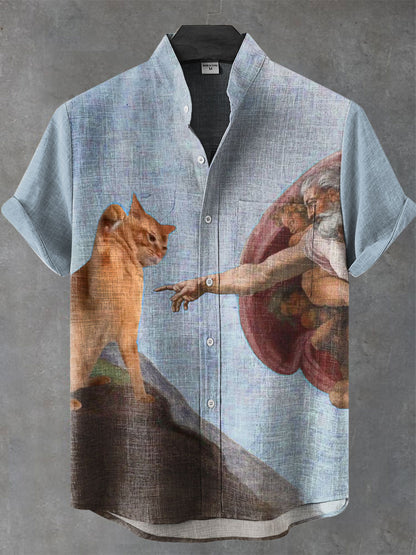 VIntage Funny Cat Art Print Casual 100% Cotton Shirt