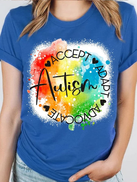 Women's Accept Adapt Advocate Autism Acceptance Printed Short-Sleeved T-Shirt