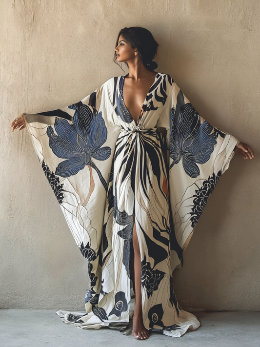 Indigo Haiku Kimono Linen Long Gown Robe With Belt