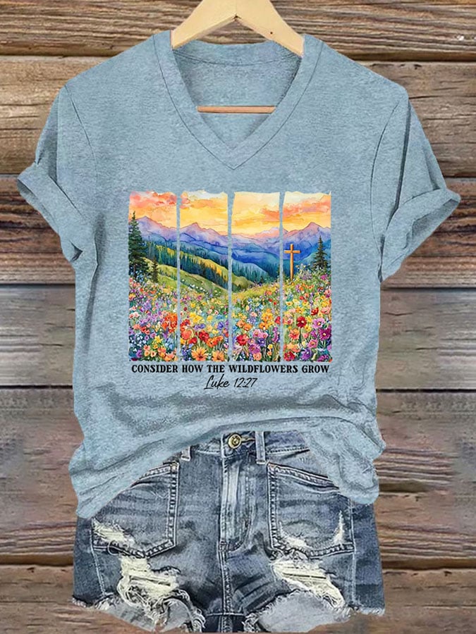 Women'S Casual Consider The Wildflowers Christian Print Short Sleeve T-Shirt