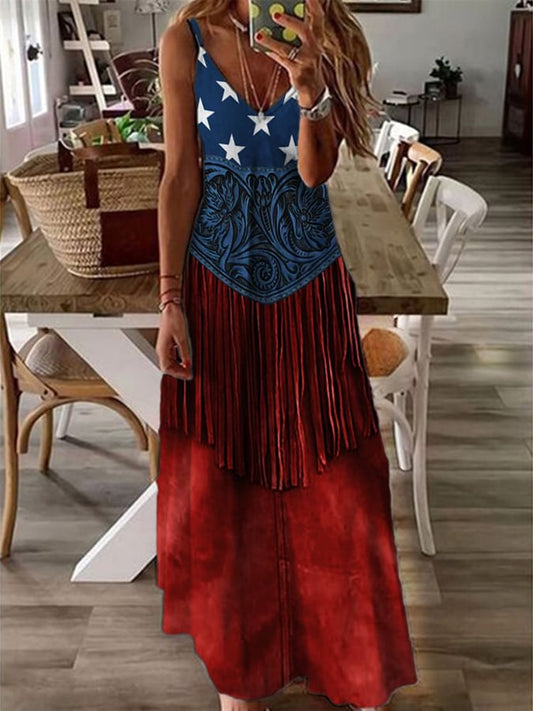 🔥Last Day 49% Off🔥Women's American Flag Pattern Floral Tassel Art Print Sleeveless Maxi Dress