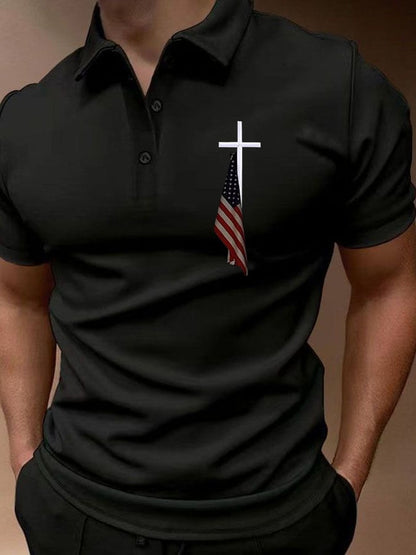 Men'S Flag Cross Print Polo Shirt