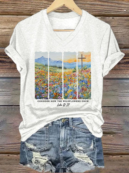 Women'S Casual Consider The Wildflowers Watercolor Aesthetic Christian Print Short Sleeve T-Shirt
