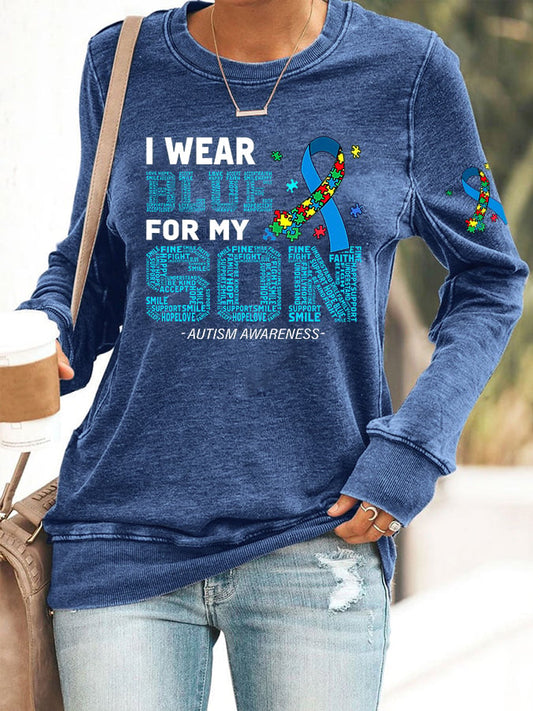 Women's Retro I Wear Blue For My Son Autism Awareness Printed Casual Sweatshirt