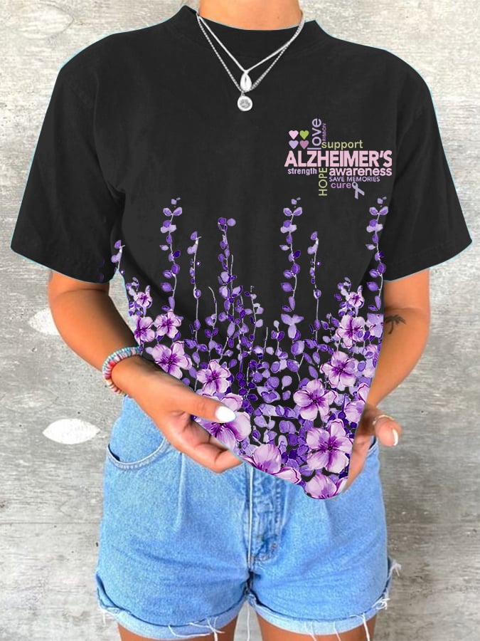 Women's Alzheimer's Awareness Floral Print T-Shirt