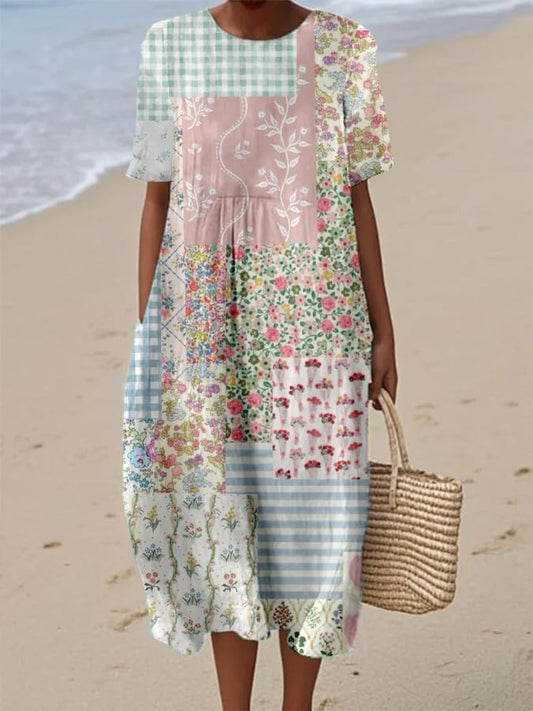 Women's Vintage Botanical Floral Patchwork Art Print With Pockets Round Neck Short Sleeve Dress