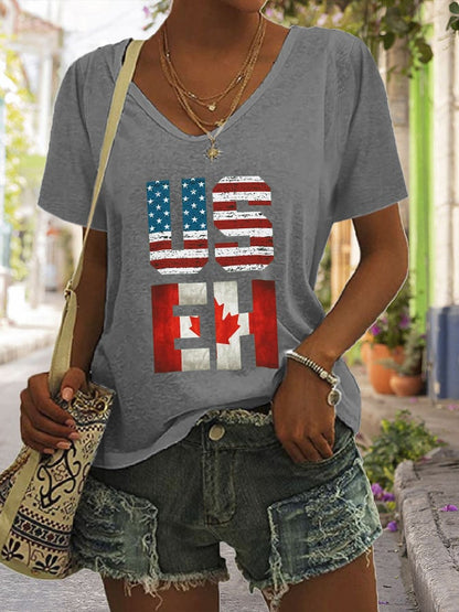 Women's Casual Canada Day Graphic Print V-Neck Short Sleeve T-Shirt