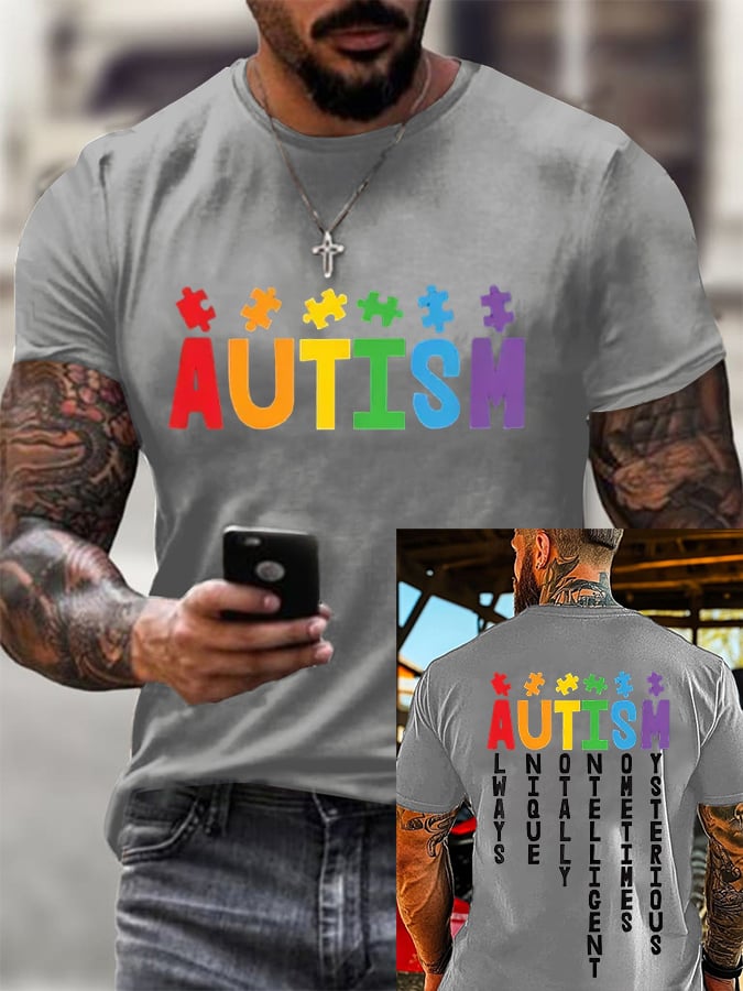 Men's Retro Autism Is Always Unique Totally Smart Autism Awareness Printed Round Neck T-Shirt