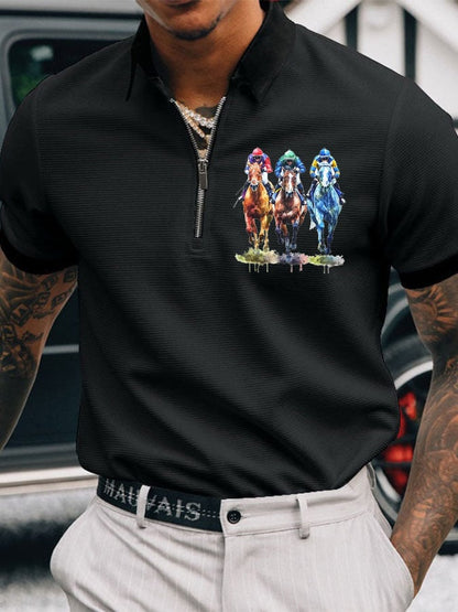 Men's Horse Racing Printed Casual Polo Shirt