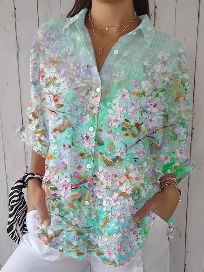 Women's Casual Floral Art Cotton And Linen Shirt