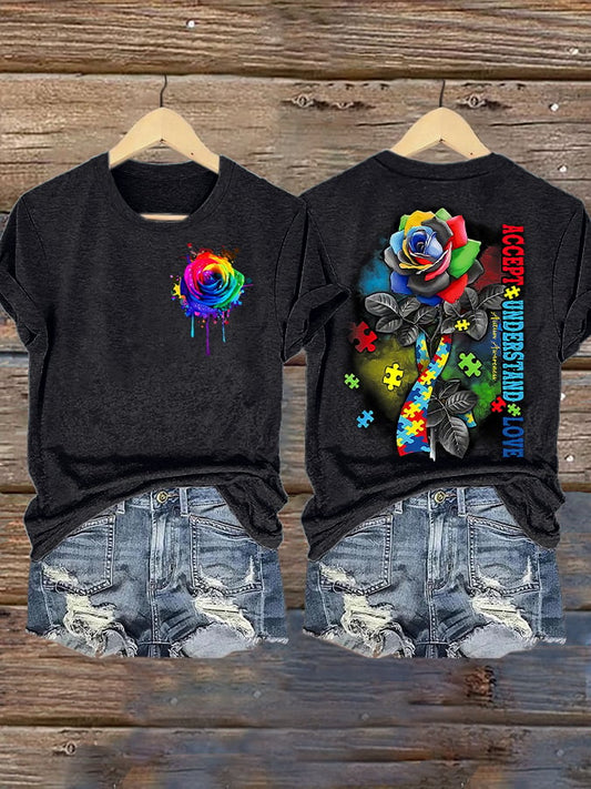 Women’s Retro Accept Understand Love Autism Awareness Print Short Sleeve Casual T-Shirt