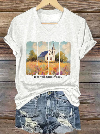 Women'S Casual It Is Well With My Soul Wildflower Christian Bible Verse Print Short Sleeve T-Shirt