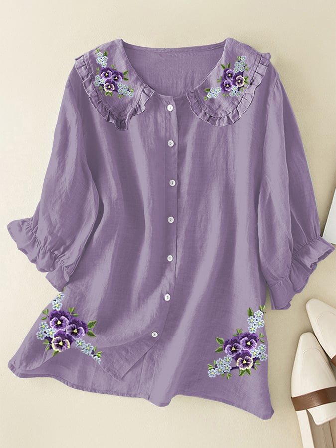 Women's Casual Art Spring Floral Cotton And Linen Shirt