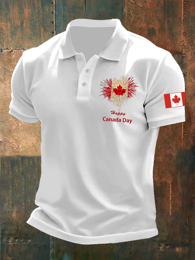 Men's Retro Happy Canada Day Print Polo Shirt