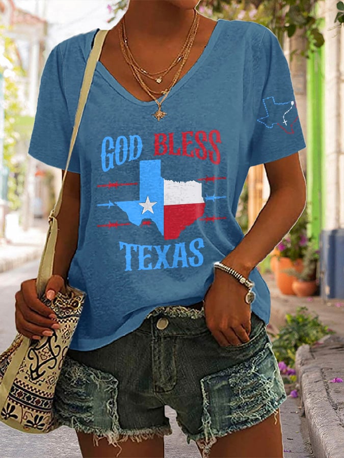 V-Neck Retro Texas Strong God Bless Texas Print T-Shirt