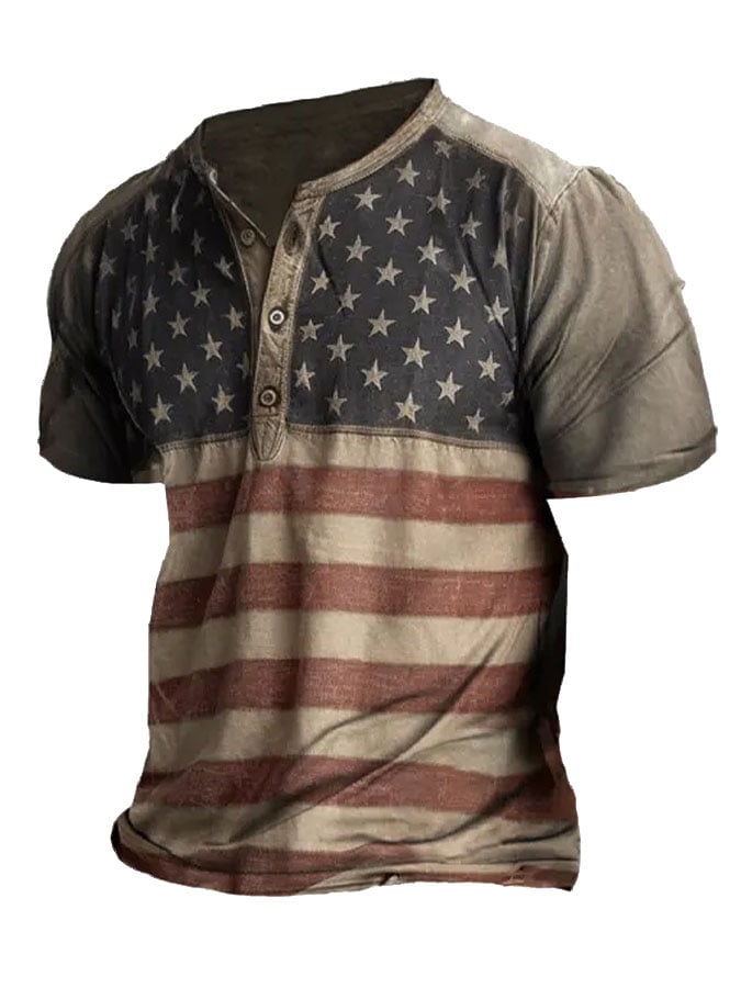Men'sVintage American Flag Print Henley Collar T-Shirt
