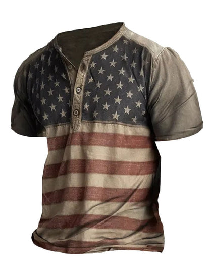 Men'sVintage American Flag Print Henley Collar T-Shirt