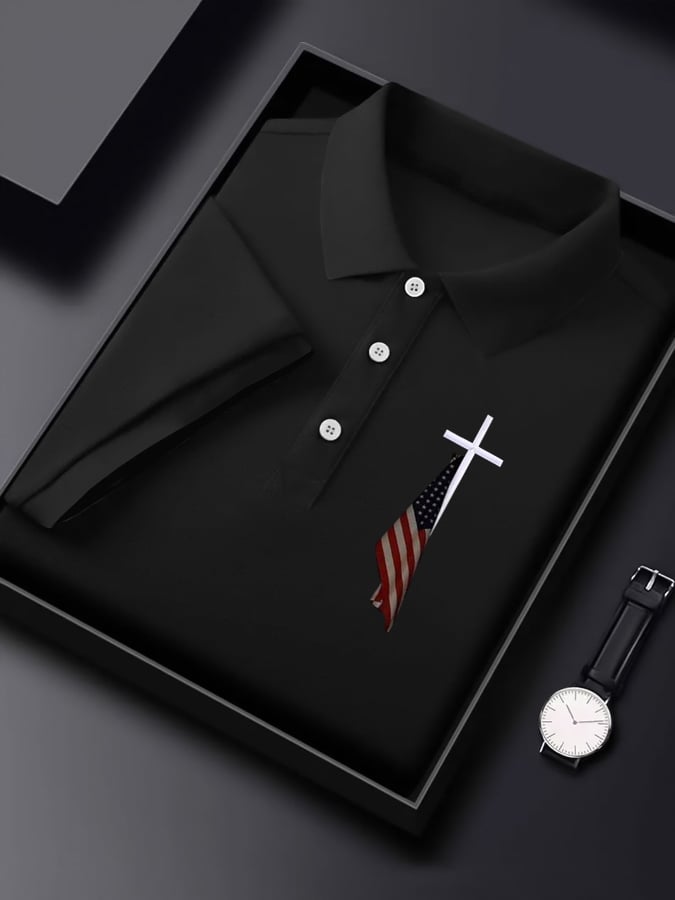 Men'S Flag Cross Print Polo Shirt