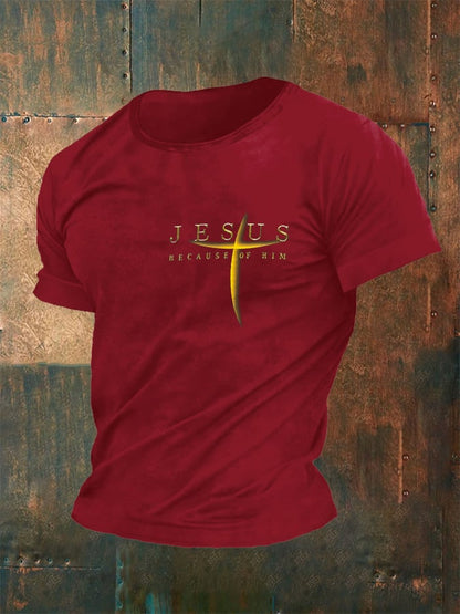 Men's Vintage Faith “Jesus Because Of Him”” Print Casual T-Shirt
