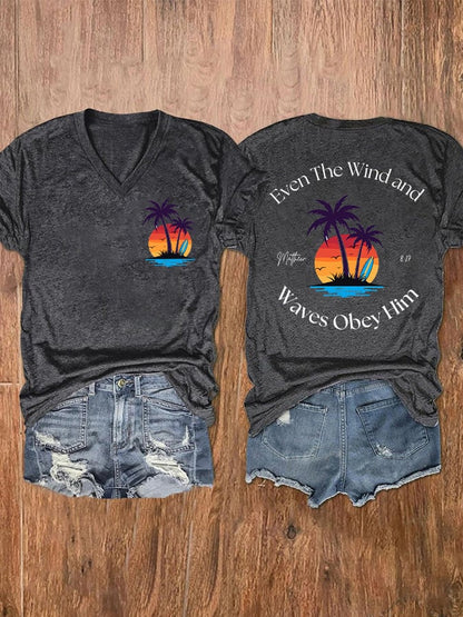 Women's Casual Western Christian Faith Bible Verse Double-Sided Printed V-Neck Short Sleeve T-Shirt