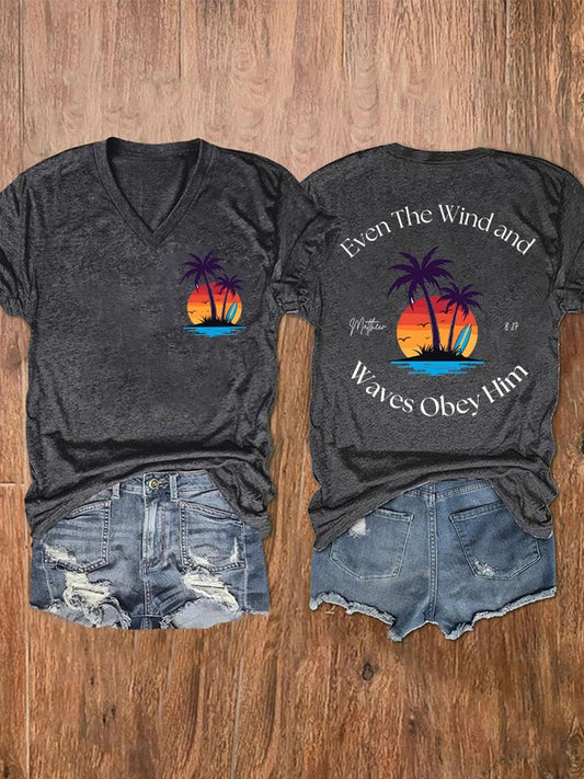 Women's Casual Western Christian Faith Bible Verse Double-Sided Printed V-Neck Short Sleeve T-Shirt